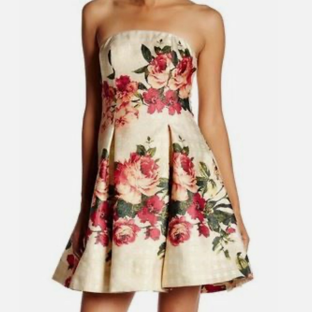NWT Nicole Miller gold and Floral Strapless Dress size 10